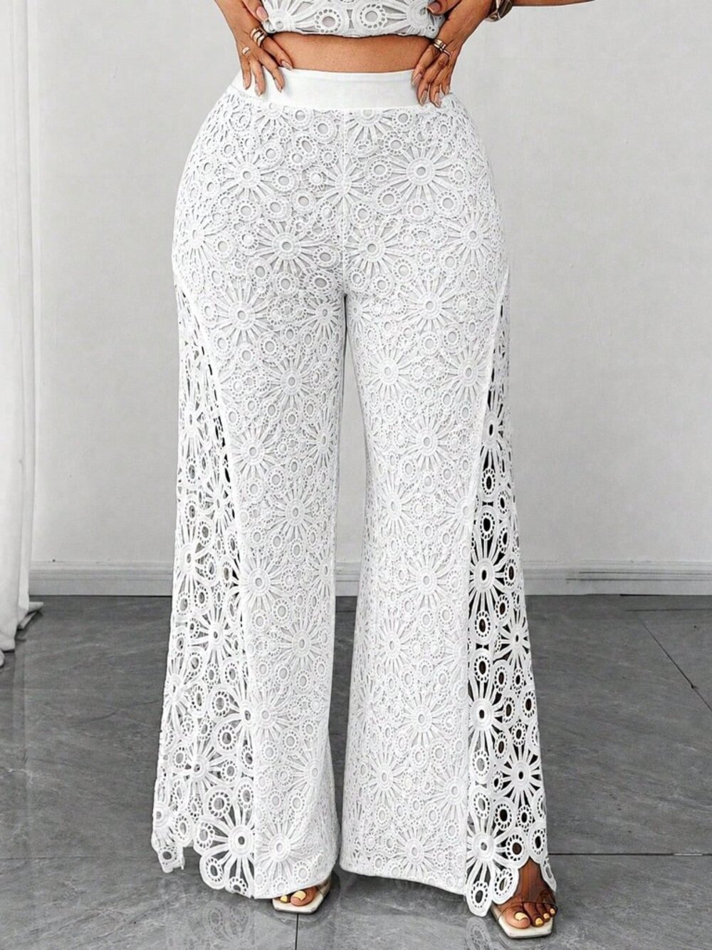 White Elegant Women's Plus Size Lace Hollow Patchwork Long Pants